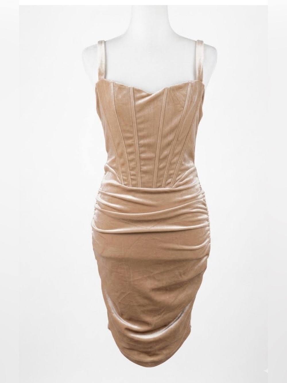 NWT Iris Champagne Velvet Ruched Mini Dress